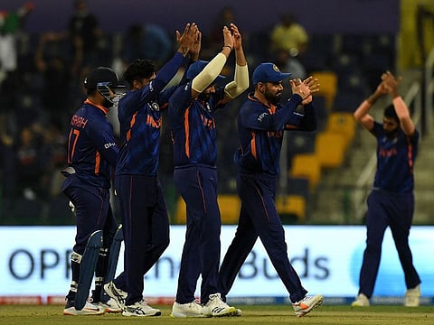 On a mission: Team India leave the ground after bouncing back with a 66-run win over Afghanistan on Thursday.