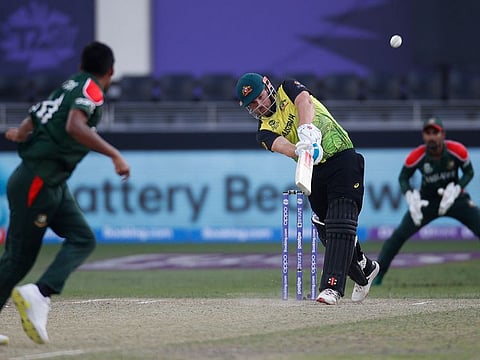 Australia's Aaron Finch in action against Bangladesh at the Dubai International Cricket Stadium, Dubai, UAE.