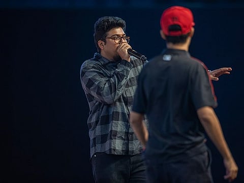 Vineeth from Jordindian beat boxing at SIBF 2021 at Expo Centre Sharjah on Thursday
