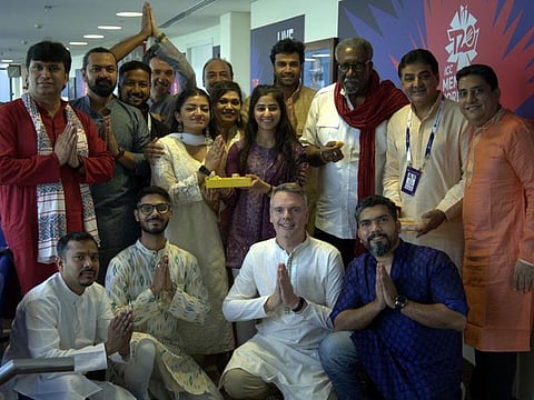 Clive Lloyd (third right), along with Ajay Sethi, during a Diwali break at the Press Box of Dubai International Stadium.