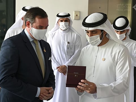 Sheikh Hamdan bin Mohammed bin Rashid Al Maktoum with Crown Prince Guillaume of Luxembourg at Expo 2020 Dubai today.