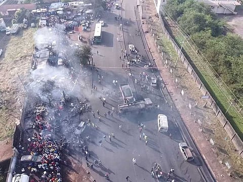 A fuel tanker explosion in Freetown, Sierra Leone November 6, 2021. Picture taken with a drone.