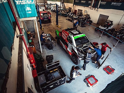 Scrutineering under way at Yas Marina Circuit for the Abu Dhabi Desert Challenge.
