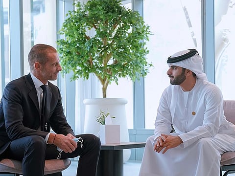 Sheikh Mansoor bin Mohammed bin Rashid Al Maktoum, Chairman of Dubai Sports Council (DSC), met with Aleksander Ceferin, President of UEFA at Expo 2020 Dubai.
