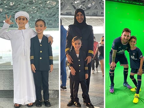 From left: Kyan and Keira Ayass; Keira with UAE’s first Emirati pilot Salma Al Baloushi; and Kyan with footballer Lionel Messi