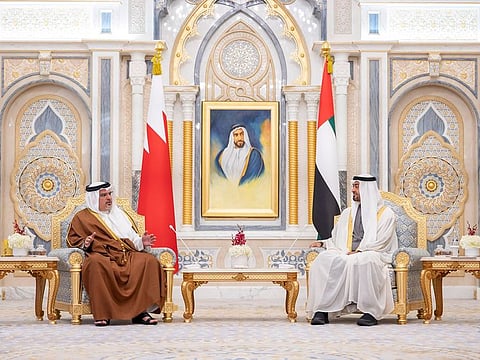 His Highness Sheikh Mohamed bin Zayed Al Nahyan (right) and His Royal Highness Prince Salman bin Hamad Al Khalifa, at Qasr Al Watan in Abu Dhabi on Tuesday