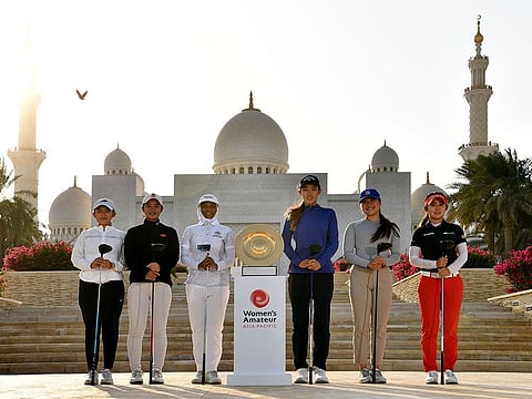 UAE player Hamda Al Suwaidi (third from left) with other competitors from the Women's Amateur Asia-Pacific at the Sheikh Zayed Grand Mosque in Abu Dhabi.