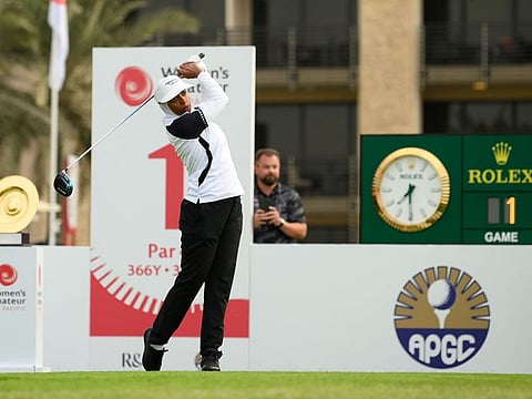 UAE golfer Hamda Al Suwaidi hitting the opening tee shot in round one of the tournament at Abu Dhabi Golf Club