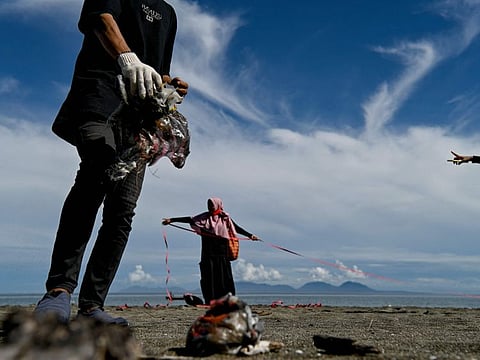 Youths collect plastic waste and trash during a beach clean up in Pekan Bada, Indonesia's Aceh province on October 28, 2021. The cost of the increase in plastic waste has been keenly felt by wildlife. As of July, there were 61 recorded instances of animals being killed or disrupted by pandemic-linked plastic waste, according to a Dutch scientist-founded tracking project.