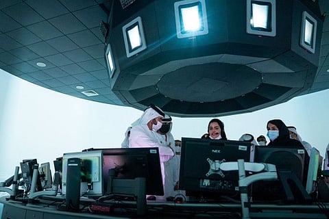 Sheikh Mansoor bin Mohammed bin Rashid Al Maktoum at the Dubai Air Navigation Services facility at Dubai World Central today.
