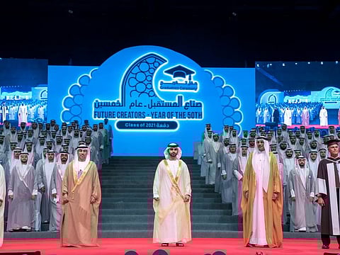 Sheikh Mansoor bin Mohammed bin Rashid Al Maktoum attended the graduation ceremony of 650 students from the Higher Colleges of Technology’s applied engineering programme at Expo 2020 Dubai today.