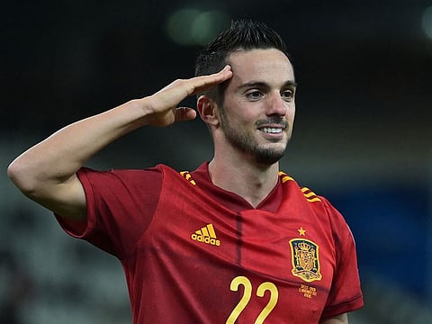 Spain's forward Pablo Sarabia celebrates after scoring.