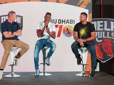 From left: Superstar cricketers Andrew Flower, Dwayne Bravo and Ravi Rampaul at the Delhi Bulls Jersey launch in Dubai on 12th November, 2021.