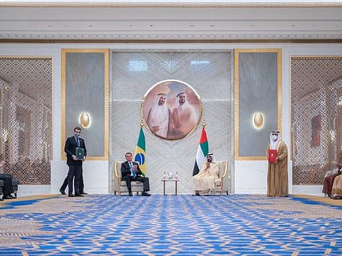 His Highness Sheikh Mohammed bin Rashid Al Maktoum with Jair Bolsonaro, the President of Brazil, at Expo 2020 Dubai today.