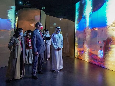 Sheikh Hamdan bin Mohammed bin Rashid Al Maktoum (front right) with Prince of Monaco Albert II (centre front) at UAE Pavilion at Expo 2020 Dubai on Saturday