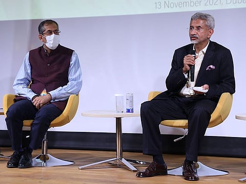 India’s External Affairs Minister Dr S Jaishankar (right) and Indian Ambassador to the UAE Pavan Kapoor at India Pavilion at Expo 2020 Dubai on Saturday