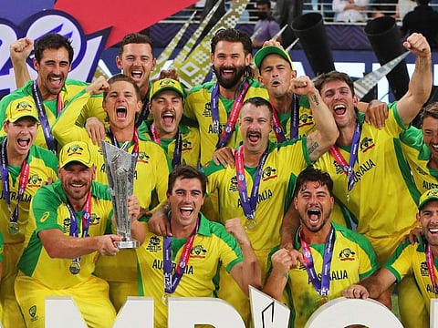 Australian celebrates after beating New Zealand to win the Twenty20 World Cup final in Dubai, UAE.