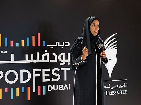 Archive image of Mona Al Marri, President, Dubai Press Club, at a previous edition of Dubai PodFest