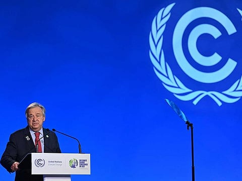 United Nations (UN) Secretary General Antonio Guterres speaks during a plenary session at the COP26 UN Climate Change Conference in Glasgow