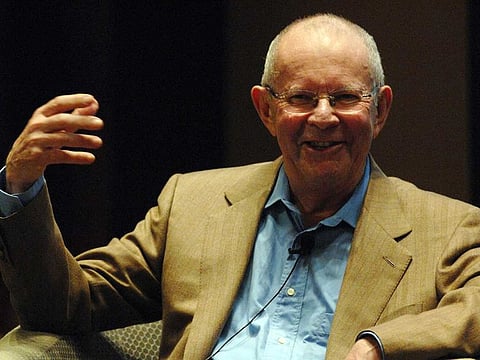 In this file photo, internationally acclaimed Central African born author, Wilbur Smith, shares his experience during the second day of the International Festival of Literature in Dubai on February 27, 2009.