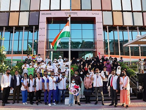 The children with Aster Volunteers during 'Smiles 4.0' programme at India Pavilion at Expo 2020 Dubai on Sunday
