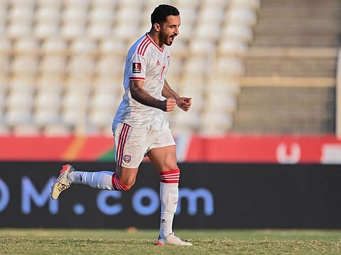 Ali Mabkhout celebrates his late winner for the uae against Lebanon