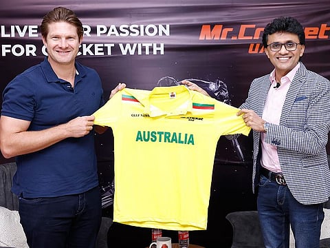 Mr Cricket UAE Anis Sajan presented Shane Watson with a team shirt as they celebrated Australia's World Cup win.