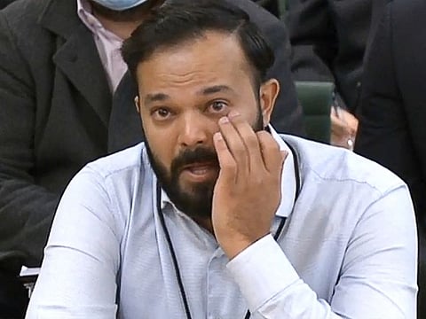 A video grab of Azeem Rafiq, former Yorkshire cricketer, fighting back tears while testifying in front of a Digital, Culture, Media and Sport (DCMS) Committee in London on Tuesday.