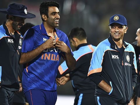 India's new head coach Rahul Dravid (right), batting coach Vikram Rathour and senior off spinner Ravi Ashwin leave the ground after their five-wicket win in Jaipur on Wednesday.
