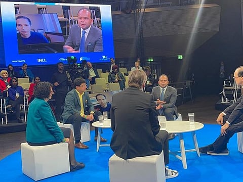 Global travel and hospitality industry leaders in discussion at the World Tourism Forum International Summit in Andermatt, Switzerland. In pic: Adeeb Ahamed, MD of Twenty 14 Holdings, Mr. Puneet Chhatwal, CEO of Indian Hotels Company Limited, Mr. Adam Sacks, President of Tourism Economics and Ms. Christine Demen Meier, Managing Director of Les Roches