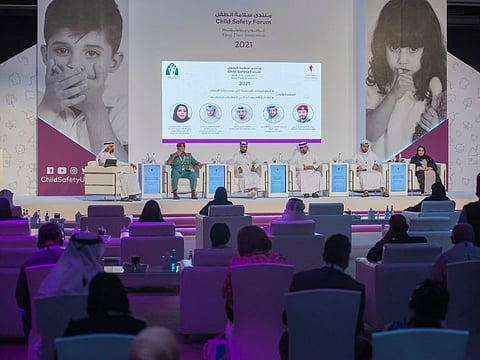 Senior UAE officials during a panel discussion at the 2021 Child Safety Forum in Sharjah on Wednesday