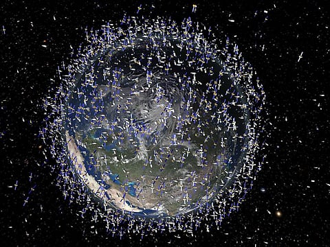 An artist's impression released on September 1, 2011 by the European Space Agency (ESA) shows the debris field in low-Earth orbit (LEO) which extends to 2,000 km above the Earth's surface which is based on actual data, not items in their actual size or density.