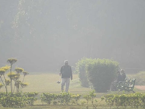 An early morning view of Lodhi Garden engulfed by dense smog as Delhi's air quality continues to be in the very poor category, in New Delhi on Thursday, November 18, 2021.