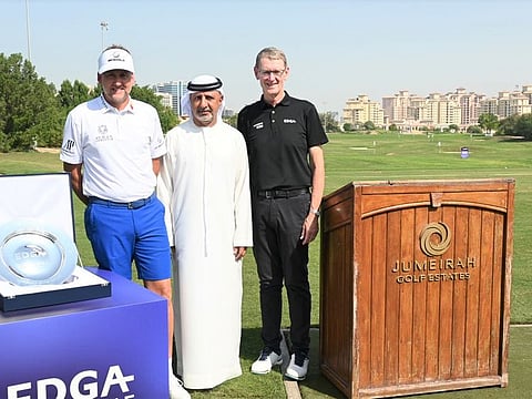 Ian Poulter with EGF Vice Chairman Adel Zarouni and President of the EDGA Tony Bennett