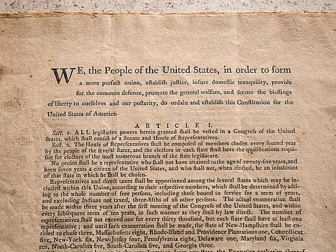 A 1787 copy of the United States Constitution that sold for $43.2 million, a new world record for the most valuable historical document ever sold at an auction, at Sotheby’s in the Manhattan borough of New York City, New York, U.S. September 9, 2021.