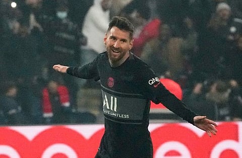 PSG's Lionel Messi celebrates after scoring his side's third goal during French League One match against Nantes at the Parc des Princes stadium in Paris, France.