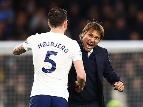 Tottenham Hotspur manager Antonio Conte and Pierre-Emile Hojbjerg celebrate after the match against Leeds United. Tottenham won 2-1.