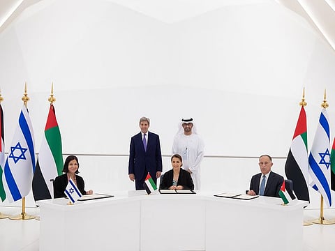UAE, Jordan and Israel signing the declaration of intent to build renewable electricity and water desalination capacity and address threats posed by climate change, at the UAE Leadership Pavilion at Expo 2020 Dubai on Monday
