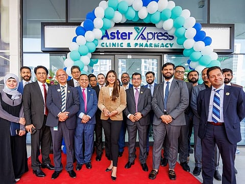 (L to R) N S Balasubramanian, CEO, Aster Pharmacy; Alisha Moopen, Deputy Managing Director of Aster DM Healthcare; and Sherbaz Bichu, CEO, Aster Hospitals and Clinics, along with Aster senior management and employees at the launch of Aster Xpress at The Expo 2020 Village in Dubai