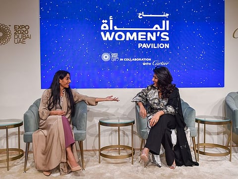 Hind Alowais (L) and Vibha Bakshi at Women's Pavilion at Expo 2020 Dubai on Monday