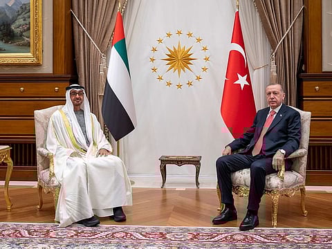 Sheikh Mohamed Bin Zayed Al Nahyan (left) and President of the Republic of Turkey, Recep Tayyip Erdogan, in Ankara on Wednesday
