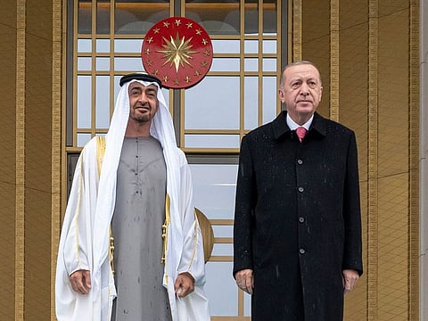 Sheikh Mohamed bin Zayed being received by Turkish President Recep Tayyip Erdogan on his arrival in Ankara, on Wednesday.