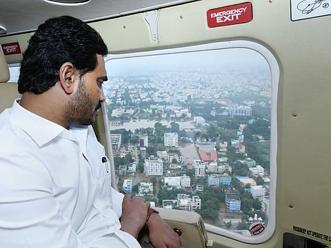 Andhra Pradesh Chief Minister Jagan Mohan Reddy conducts an aerial survey of flood-affected areas in Chittoor and Kadapa districts of Andhra Pradesh, following incessant rain, November 20, 2021.