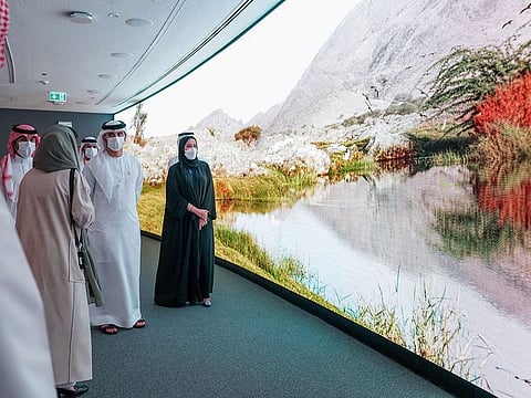 Sheikh Mansoor bin Mohammed bin Rashid Al Maktoum at pavilion of Kingdom of Saudi Arabia at Expo 2020 Dubai on Wednesday