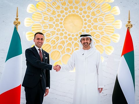 Sheikh Abdullah bin Zayed Al Nahyan with Luigi Di Maio, Italian Minister of Foreign Affairs, at Expo 2020 Dubai today.