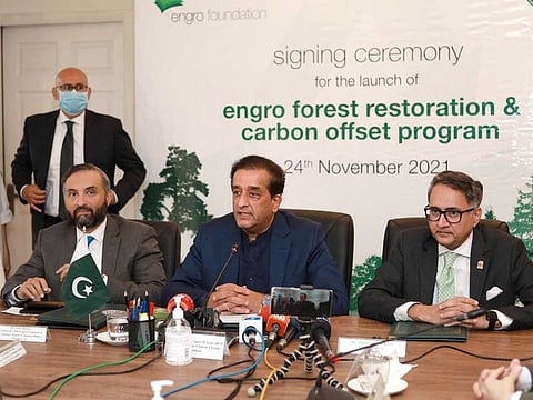 Special Assistant to PM on Climate Change Malik Amin Aslam addresses the media about the launch of the Forest Restoration and Carbon Offset Programme at the Ministry of Climate Change.
