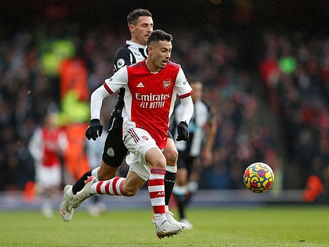 Arsenal's Brazilian striker Gabriel Martinelli controls the ball during the English Premier League football match between Arsenal and Newcastle United at the Emirates Stadium in London.