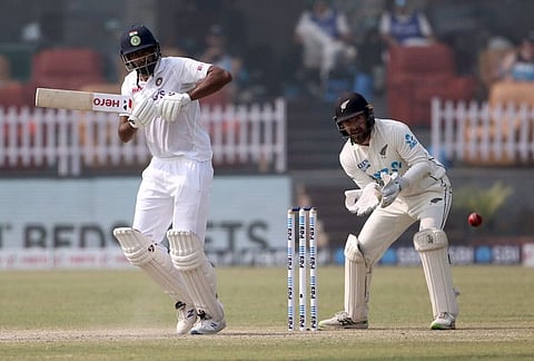India's Ravichandran Ashwin plays a shot during Day-4 of the 1st Test match between India and New Zealand, at Green Park International Stadium, in Kanpur.