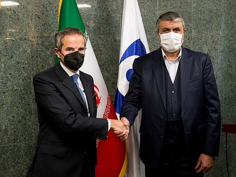 International Atomic Energy Agency (IAEA) Director General Rafael Grossi and Head of Iran's Atomic Energy Organisation Mohammad Eslami during their meeting in Tehran, on November 23, 2021.