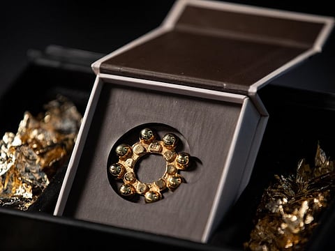 A replica of the ring found at Saruq Al Hadid, the inspiration behind the Expo 2020 logo, on display at Saruq Al Hadid documentary screening at Terra the Auditorium, Expo 2020 Dubai.